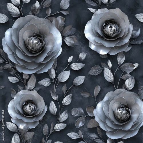 Luxurious platinum ranunculus and silver foliage on dark graphite, metallic 3D seamless pattern, high-end interior design photo