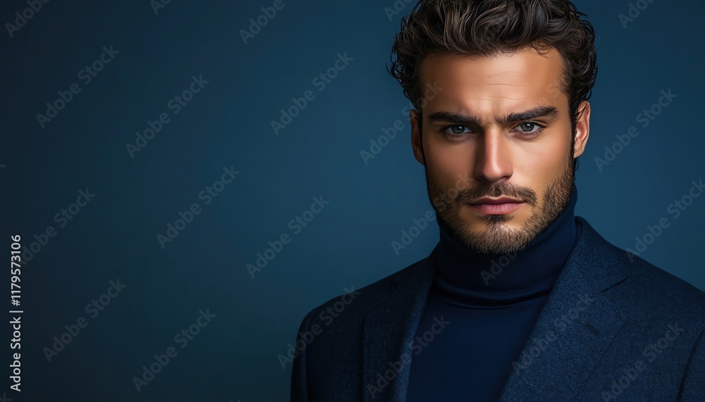 Man in dark blue suit and turtleneck serious expression deep blue background studio lighting Man in dark blue suit and turtleneck serious expression deep blue background studio lighting