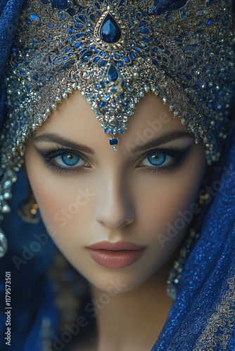 Sapphire headpiece, bluetoned beauty, regal pose, exotic allure photo