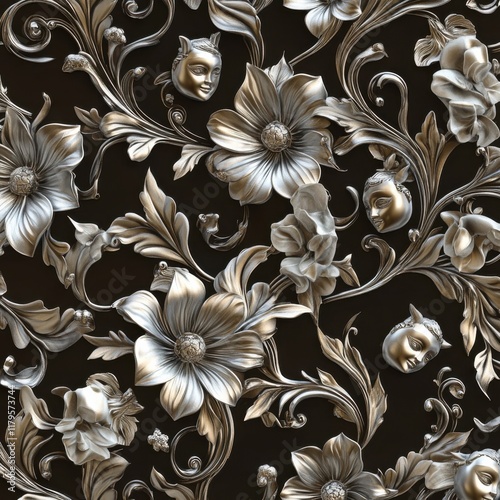 Whimsical platinum torenia and silver faces on dark bronze background with metallic wishbone blooms, decorative seamless pattern for fabric and wall design photo