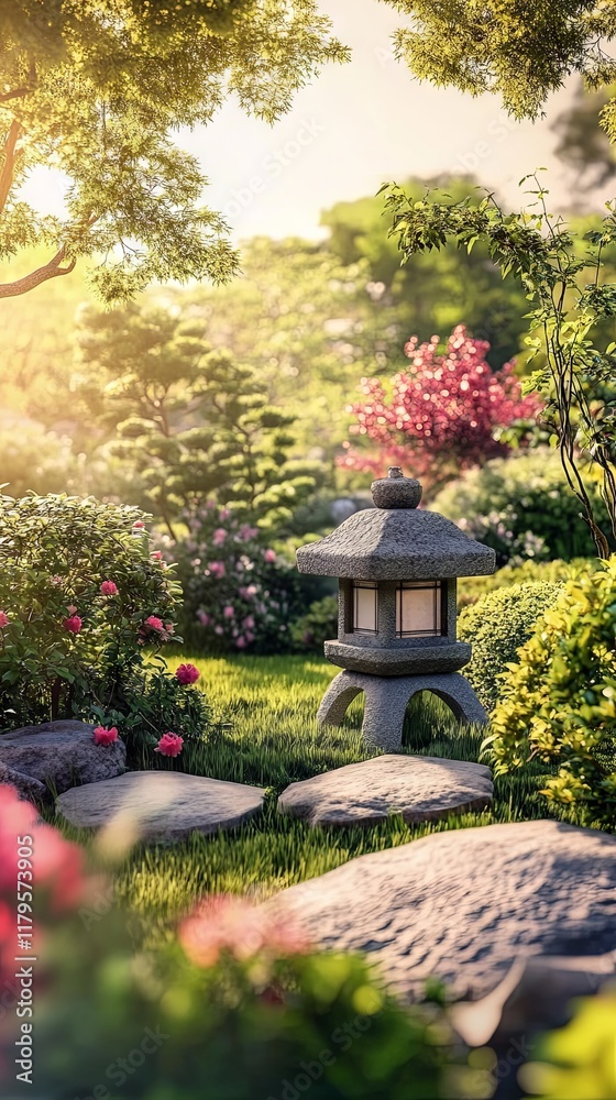 Serene Japanese Garden with Stone Lantern - A Peaceful Oasis Serene Japanese Garden with Stone Lantern - A Peaceful Oasis