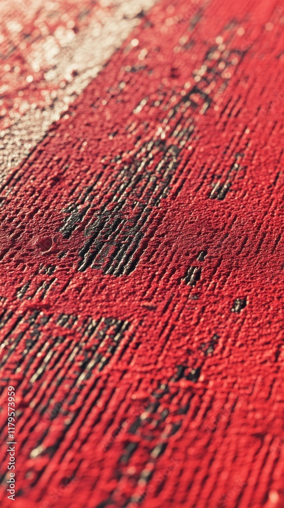 Textured close-up of a wet red running track with markings Textured close-up of a wet red running track with markings