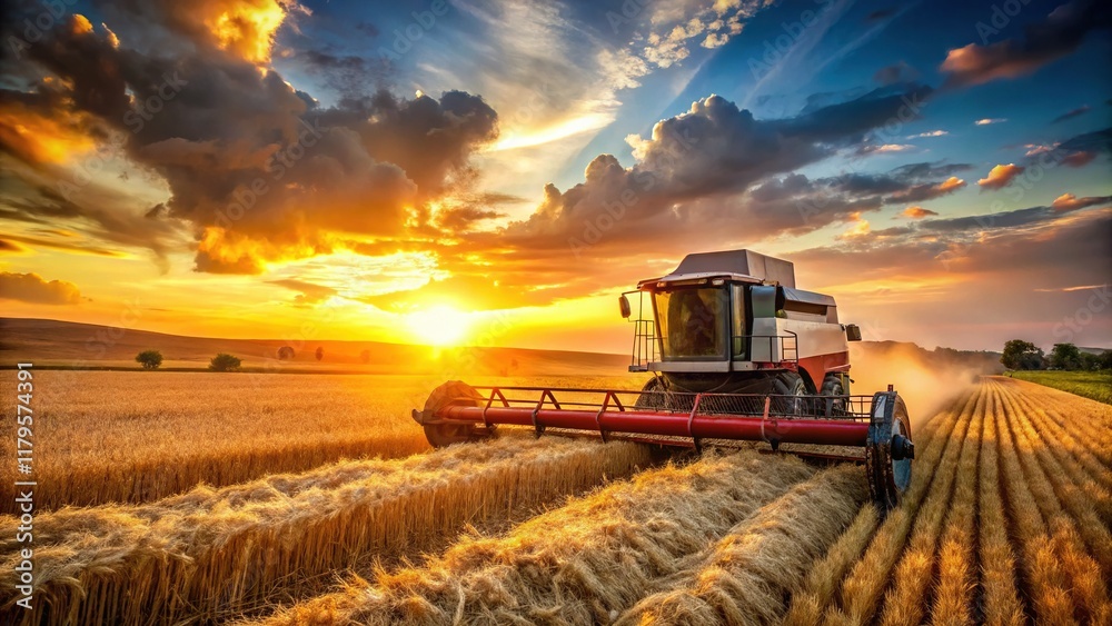 Fototapeta premium Golden Wheat Harvest: Combine Harvester at Work in Rural Field