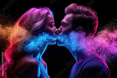 Romantic young couple kissing in smoke around