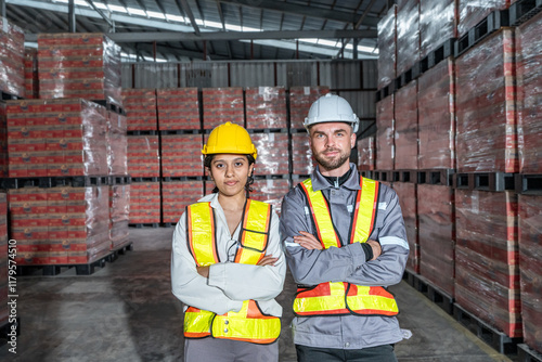 caucasian male and woman factory standing against goods shelf looking at camera.