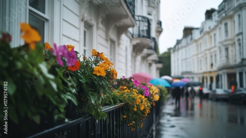 Wallpaper Mural Bright flowers bloom on a rainy day in a charming street. Colorful umbrellas add joy to the wet, serene atmosphere and beautiful scenery. Torontodigital.ca