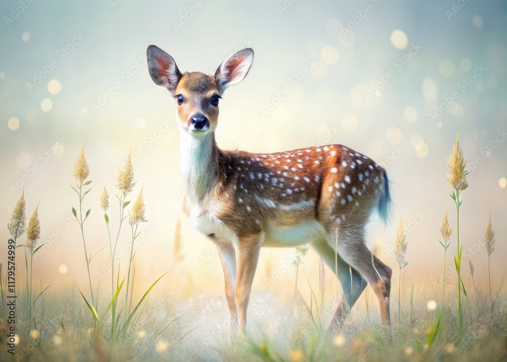 Fototapeta premium Double exposure merges spotted fawn and tranquil plains, creating surreal wildlife art.