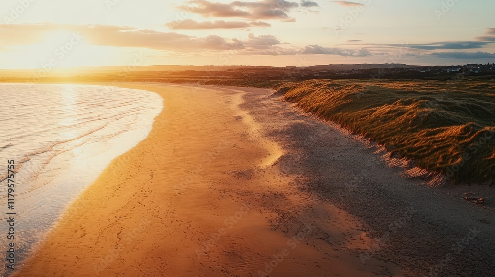 Obraz premium Stunning Sunset Over a Serene Beach with Gentle Waves and Sandy Shore