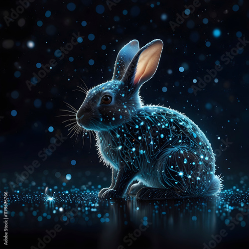 On a dark blue background, a stylized rabbit composed of glowing connected lines and dots

 photo