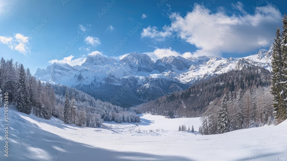 A panoramic view of a snow-covered alpine valley, with majestic peaks looming in the distance. A panoramic view of a snow-covered alpine valley, with majestic peaks looming in the distance.