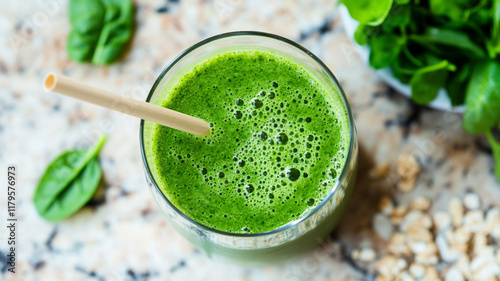 refreshing green smoothie in glass with straw, surrounded by fresh spinach leaves and oats on marble surface. vibrant color and healthy ingredients make it ideal nutritious drink photo