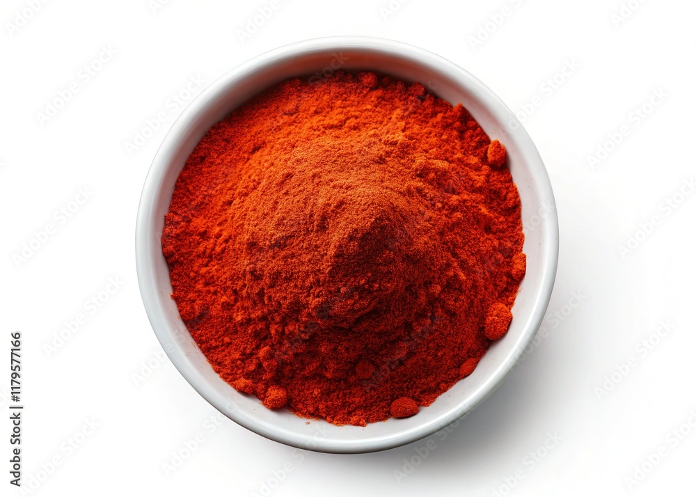 Ground Paprika Powder in Round Bowl, Isolated White Background - Top View Spice Ingredient Ground Paprika Powder in Round Bowl, Isolated White Background - Top View Spice Ingredient