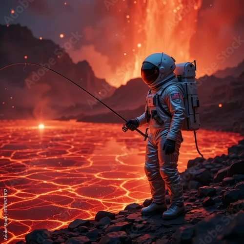 An astronaut in a shiny spacesuit standing at the edge of a glowing red lava lake, holding a fishing rod, with bright sparks and molten rocks in the background, creating a surreal and otherworldly sce