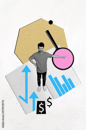 Vertical photo collage of serious businessman point arrow development dollar income enlarger lens analysis isolated on painted background photo
