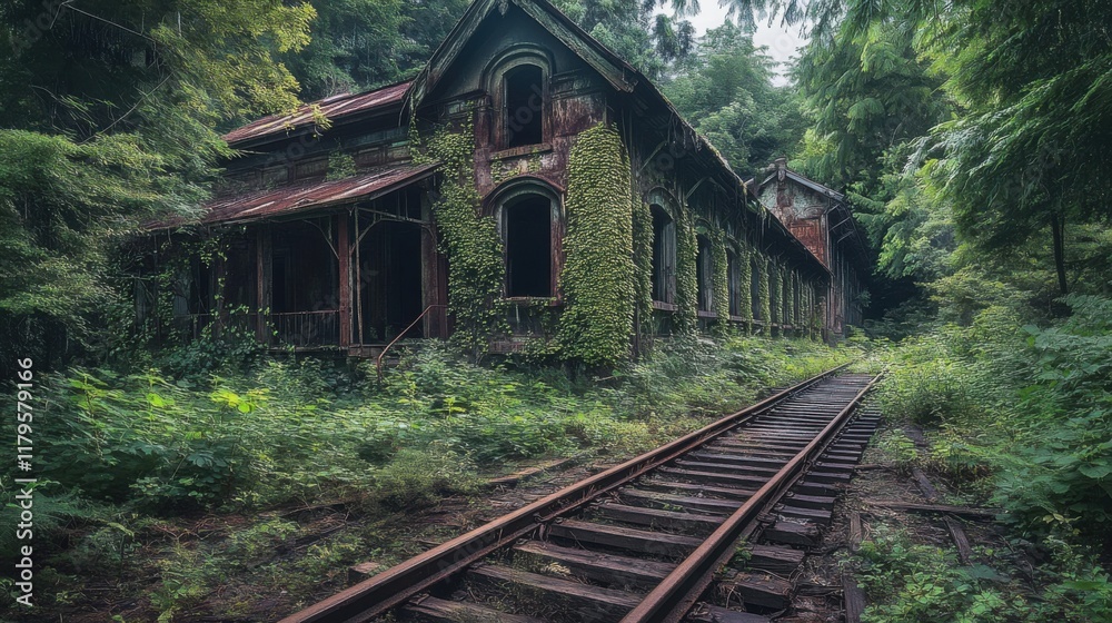 Overgrown Abandoned House Near Train Tracks in Lush Forest Overgrown Abandoned House Near Train Tracks in Lush Forest