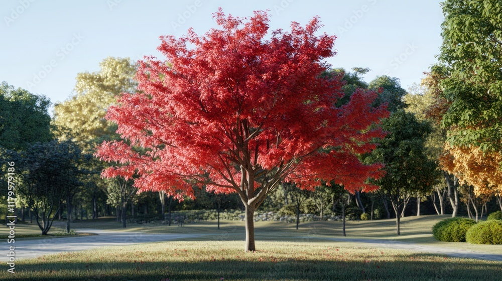 Naklejka premium Vibrant red maple autumn park sunrise landscape