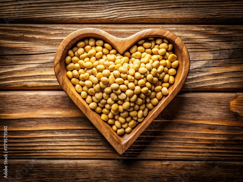 Heart-Shaped Wooden Block with Yellow Bean Seeds -  Rustic Stock Photo