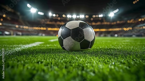 Soccer Ball Rests On Green Stadium Field At Night