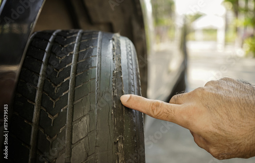 Close-up of man's finger pointing at worn car tire with bald tread from use. Car maintenance concept.