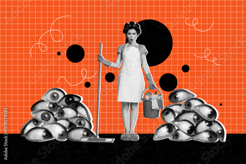 Banner art poster collage of dissatisfied shocked housemaid hold bucket mop cleaning dirty eyeball stare pile stalker look