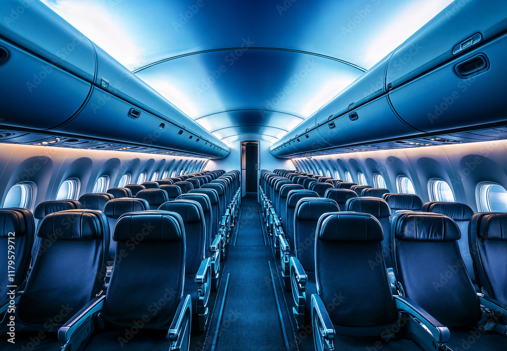 Fototapeta premium The interior cabin of an airplane with rows of seats and atmospheric lights on ceiling