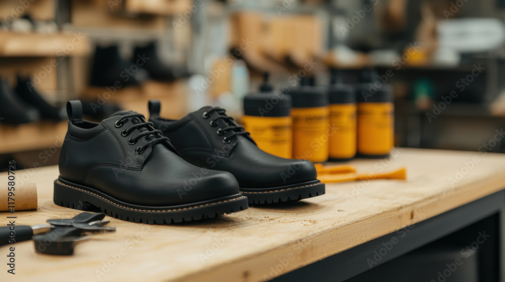 Shoe cleaning shop concept. Stylish black shoes on workbench with cleaning supplies and tools Shoe cleaning shop concept. Stylish black shoes on workbench with cleaning supplies and tools