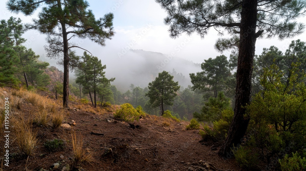 Fog enveloping a serene mountain landscape, towering pine trees emerge through the mist, creating a tranquil and mystical atmosphere. Fog enveloping a serene mountain landscape, towering pine trees emerge through the mist, creating a tranquil and mystical atmosphere.