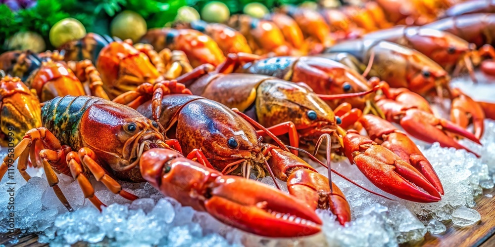 Fresh Lobster on Ice at the Fish Market - Seafood Display