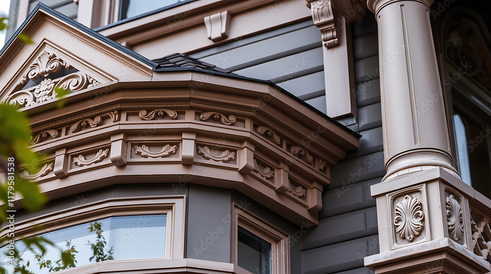 Obraz premium Ornate Bay Window and Column Detail on Vintage Building Facade