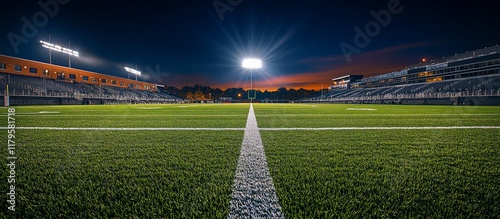 Night Football Stadium:  A Breathtaking View of a Luminous Field under the Twilight Sky photo