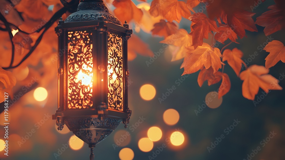 Ramadan themed greeting poster design. Lanterns for Eid al-Fitr and Ramadan Kareem with soft light and leaves background, with space for text Ramadan themed greeting poster design. Lanterns for Eid al-Fitr and Ramadan Kareem with soft light and leaves background, with space for text