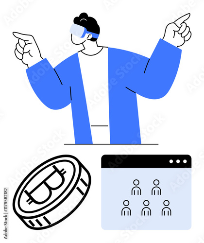 Man wearing VR headset gesturing with hands, Bitcoin coin icon, and web interface with user icons. Ideal for cryptocurrency, blockchain, virtual reality, digital economy, networking, innovation