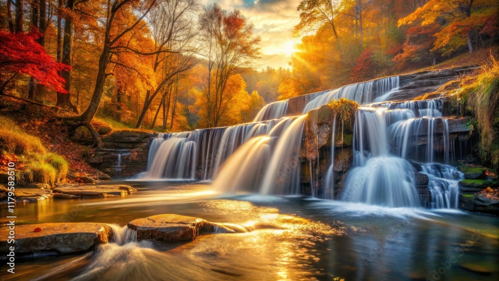 Obraz premium Golden hour illuminates cascading water and vibrant autumn foliage in a vintage waterfall park.