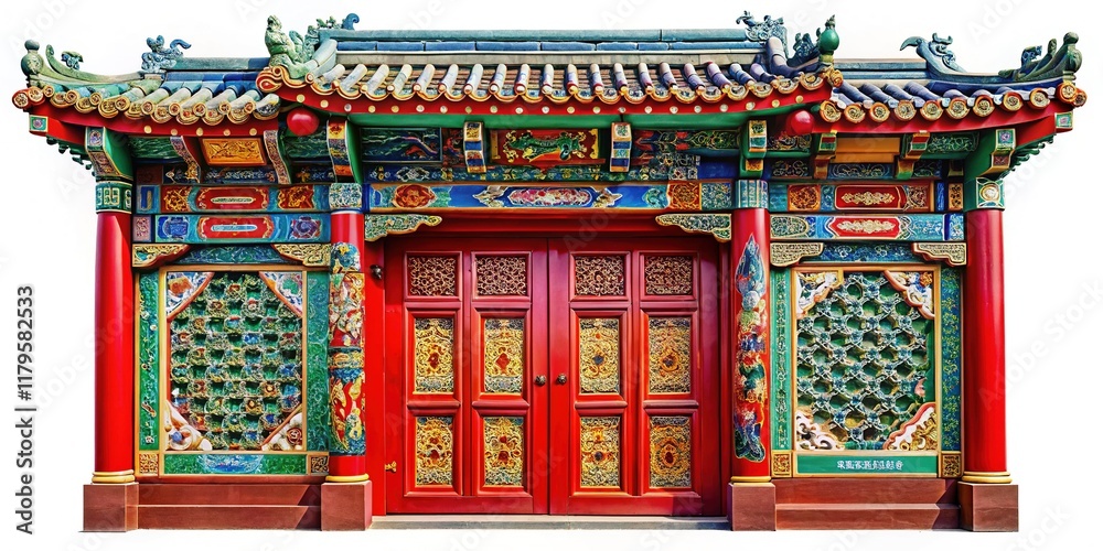 Intricate Carving, Macro Shot of Traditional Chinese Gate Entrance Isolated on White Background Intricate Carving, Macro Shot of Traditional Chinese Gate Entrance Isolated on White Background