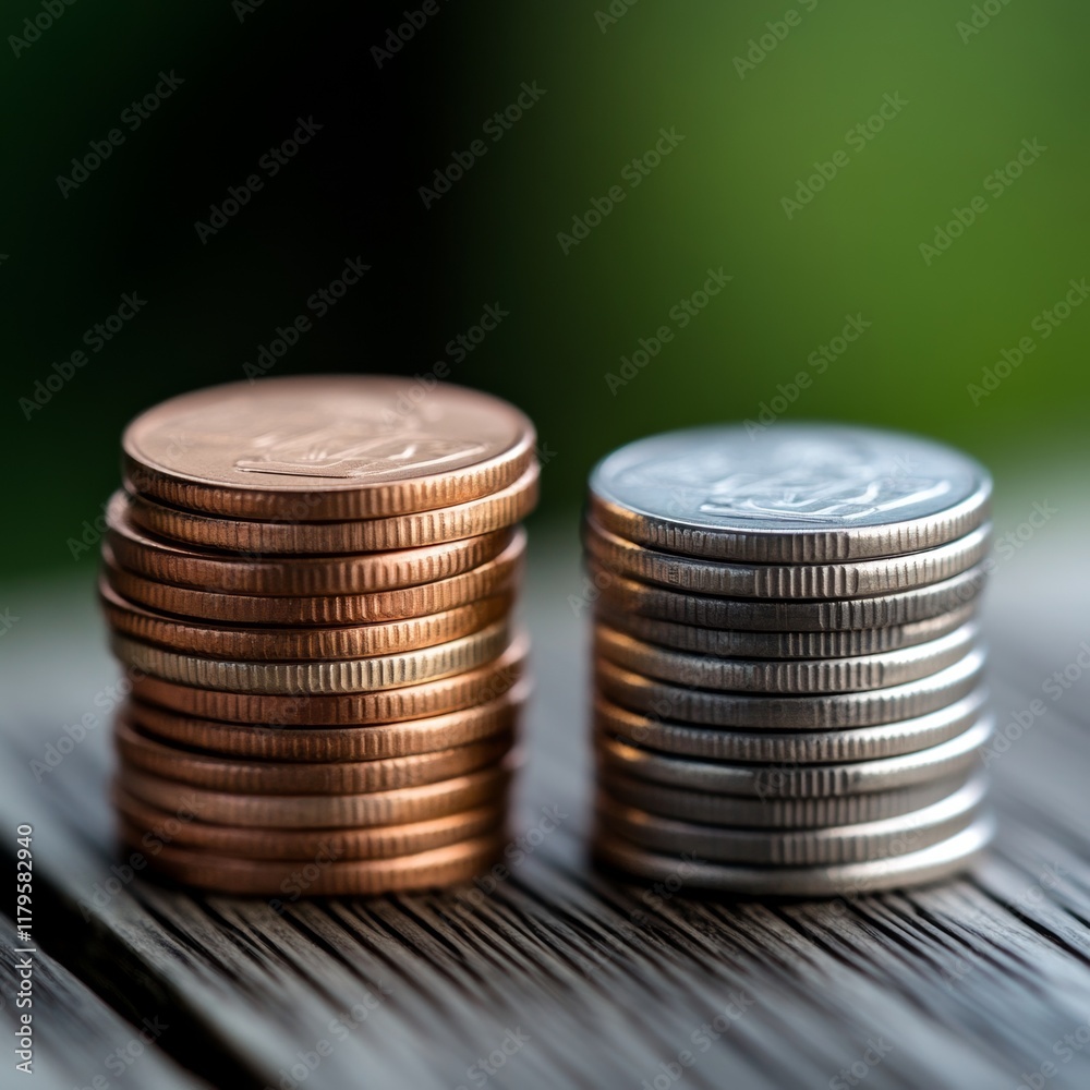 Stacks of Pennies and Quarters on Wooden Surface