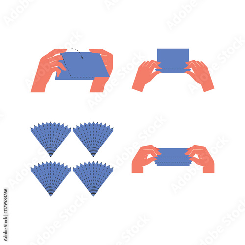 Handdrawn stylised hands cutting, tearing, and crafting with paper