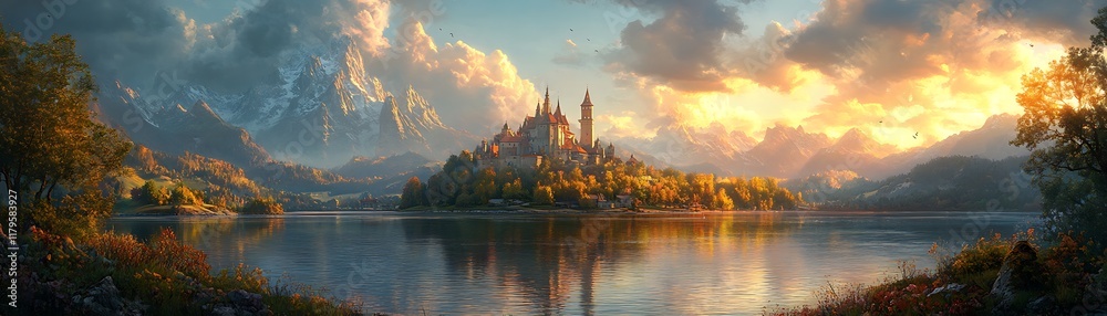 Obraz premium Majestic Autumn Castle on Island Lake Surrounded by Mountains