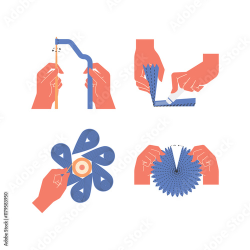 Handdrawn stylised hands cutting, tearing, and crafting with paper