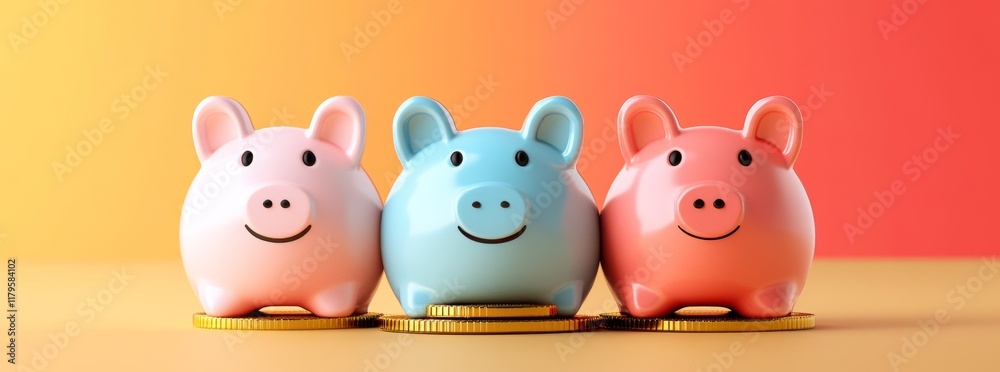 Three Smiling Piggy Banks on Gold Coins Three Smiling Piggy Banks on Gold Coins