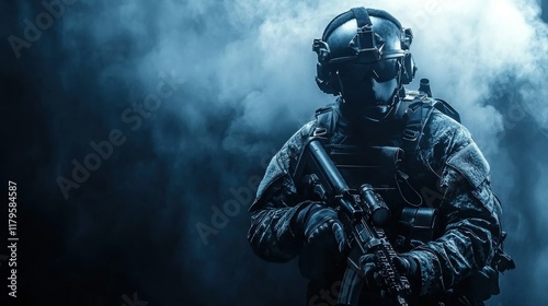 Night Ops: Elite Soldier in Smoke-Filled Battlefield photo