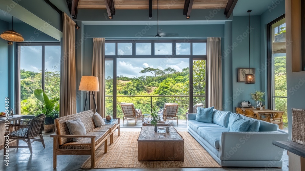 Fototapeta premium A spacious and serene room with large windows framing a beautiful view of nature, complemented by a calming blue color palette that enhances the peaceful ambiance.