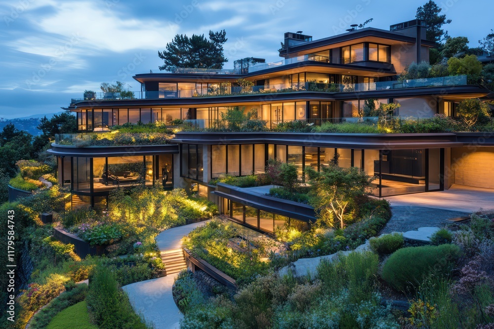 Obraz premium A hillside mansion with a multi-tiered design, featuring floor-to-ceiling glass panels and a rooftop garden with ambient lighting