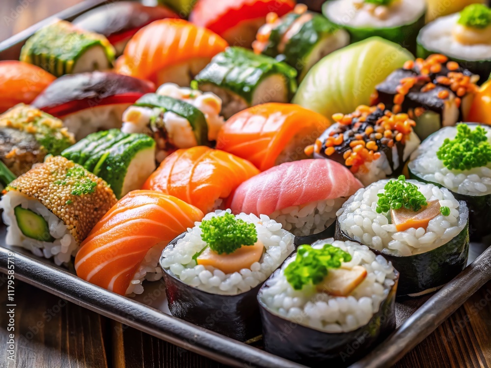Fresh Sushi Platter: Assorted Japanese Cuisine, Close-Up View Fresh Sushi Platter: Assorted Japanese Cuisine, Close-Up View