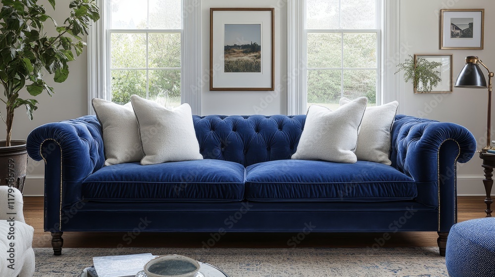 Modern living room with white walls and a blue-colored sofa, featuring a stylish and comfortable atmosphere, ideal for interior design inspiration, home decor, and relaxation spaces. Modern living room with white walls and a blue-colored sofa, featuring a stylish and comfortable atmosphere, ideal for interior design inspiration, home decor, and relaxation spaces.