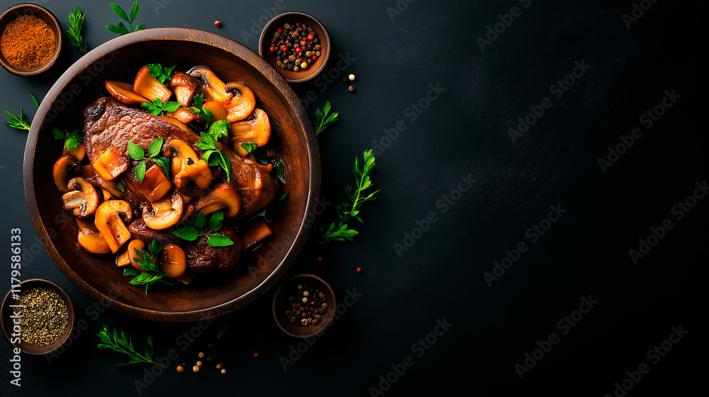 Close up of sliced roasted medium rare barbecue steak with rosemary, roasted garlic and pepper. flat lay on wooden table, top view Close up of sliced roasted medium rare barbecue steak with rosemary, roasted garlic and pepper. flat lay on wooden table, top view