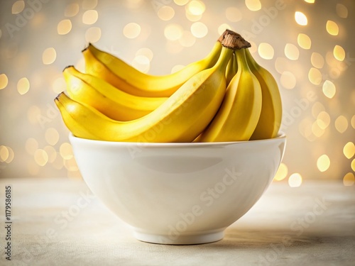 Fresh Yellow Bananas in White Bowl on White Background - Stock Photo