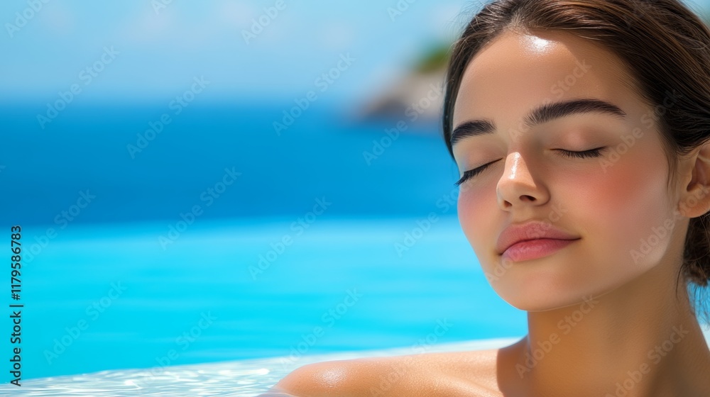 Serene Woman Relaxing by Pool, Summer Vacation Serene Woman Relaxing by Pool, Summer Vacation