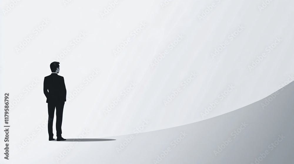 Man in Suit Contemplating the Vastness: A Minimalist Depiction of Thought, Potential, and New Beginnings Man in Suit Contemplating the Vastness: A Minimalist Depiction of Thought, Potential, and New Beginnings