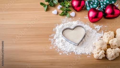 Valentine’s Day Gifts & Symbols concept. Heart-shaped cookie cutter surrounded by festive decorations and flour. photo