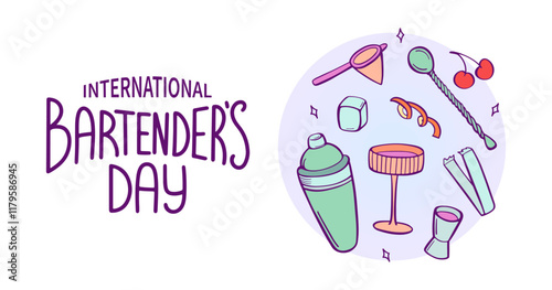 International Bartender day greeting banner. Set of elements bartender makes cocktail. Ice, shaker, stirring spoon, jigger, glass, citrus peel. Sketch style, crooked doodle. Vector illustration.